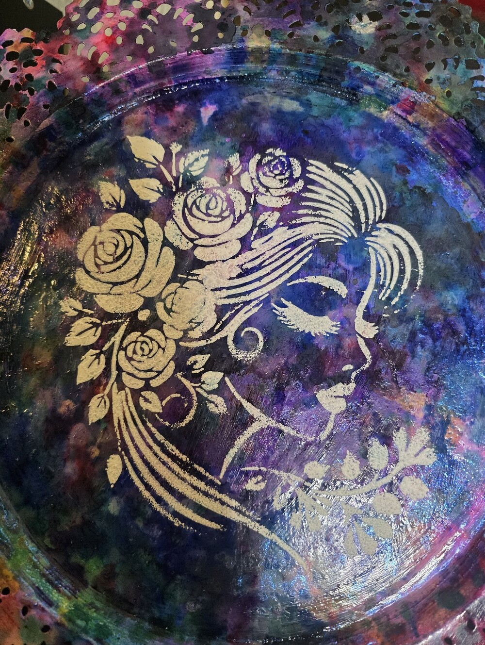 HANDCRAFTED Upcycled Metal Platter HANDPAINTED Tabletop Countertop Art Decor 15" - Picture 10 of 17